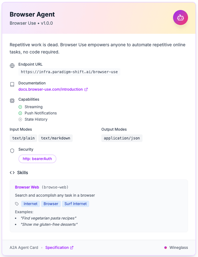 AgentHub Agent Card example showing Browser Agent with capabilities, endpoint URL, documentation, input/output modes, security settings, and skills for automating browser tasks